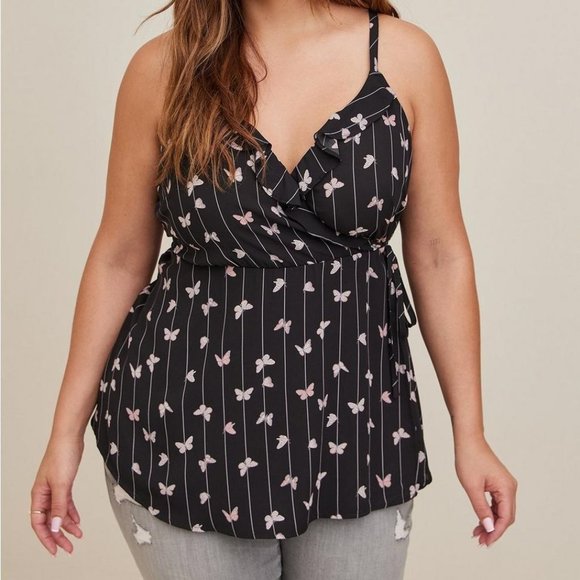 NWT Torrid Size 0X Women's Georgette Ruffle Front Cami Black & Pink Butterflies - Picture 1 of 3
